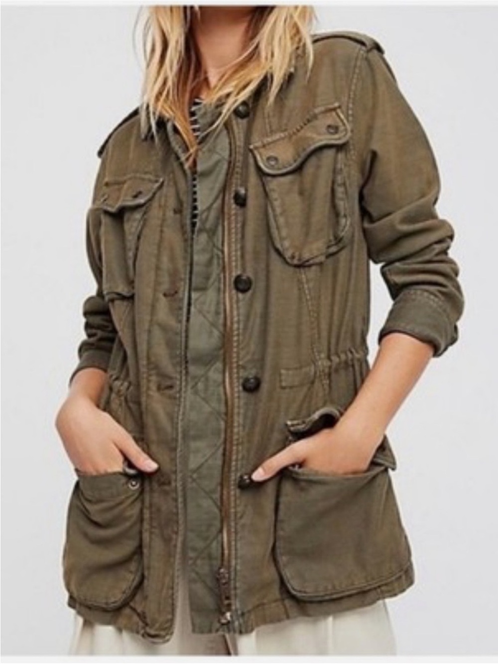 Free People Olive Green Utility Jacket with Front Pockets